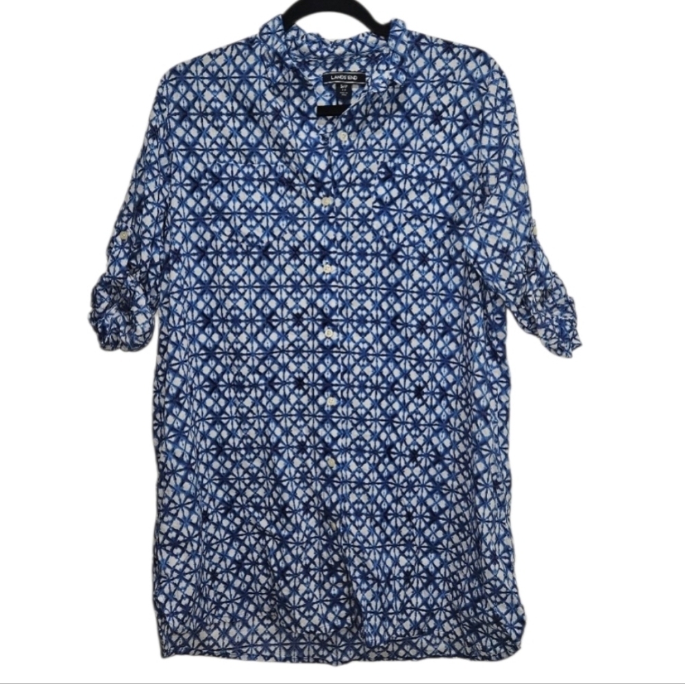 Lands End Cotton Tunic Top Beach Cover Up Womens Size Small Blue White